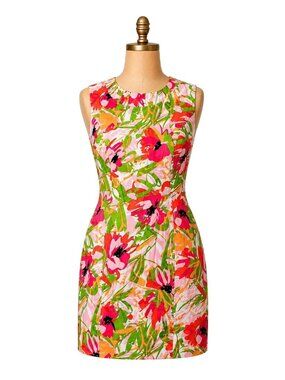 Floral Sleeveless Kim Rogers Dress Size 14 Vibrant Pink & Green Cotton Blend Sum